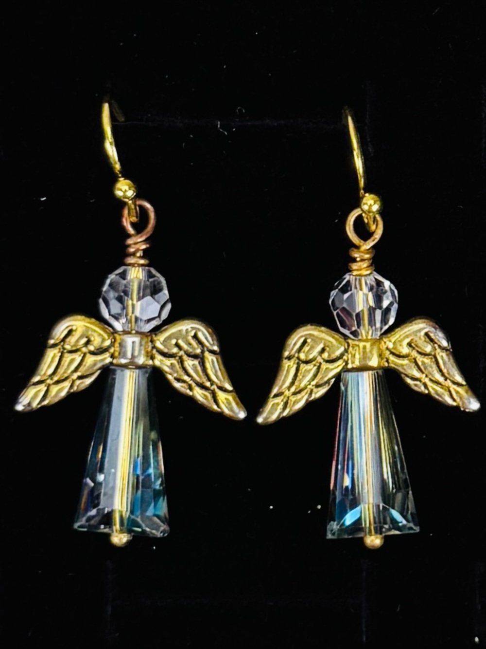 Aged brass tone etched, angel wing, clear, bling pierced earrings